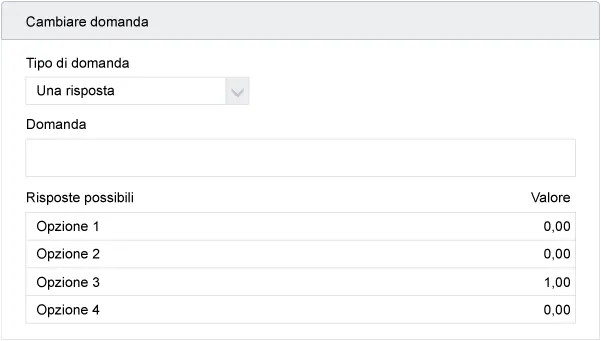 Schermata della creazione di una domanda con il valore assegnato alla risposta corretta.